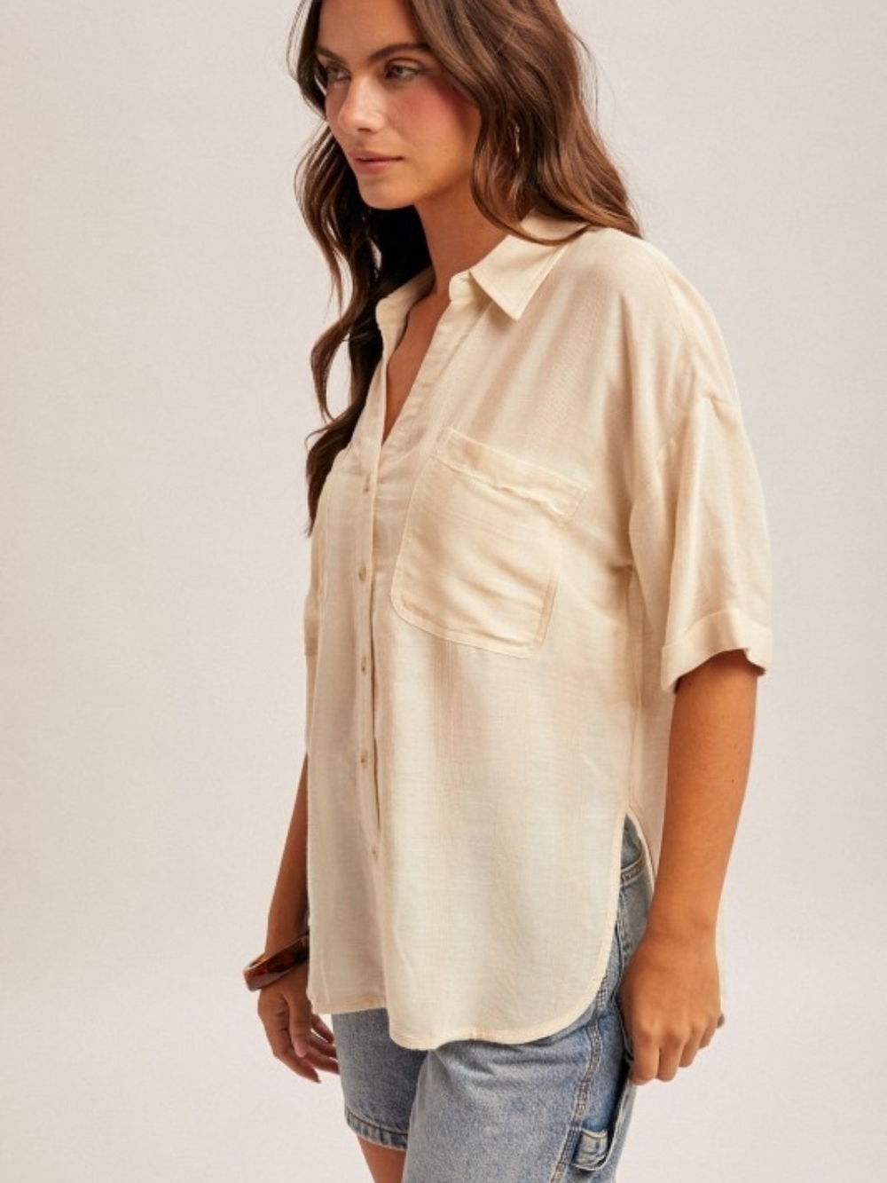 Striped Collared V Neck Relaxed Button Down Shirt